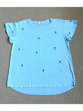 Anthropologie t.la Small Teal Blue with embroidered Palm Trees  Cap Sleeve